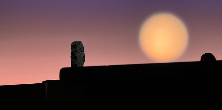 A silhouetted projection of a pale sphere against a shaded pink and purple background representing sunrise/sunset.